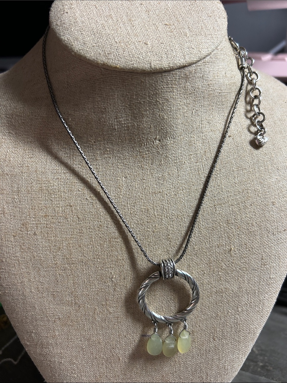 Brighton‎ Sterling Silver Twist Ring Necklace with Pale Green Chalcedony Drops